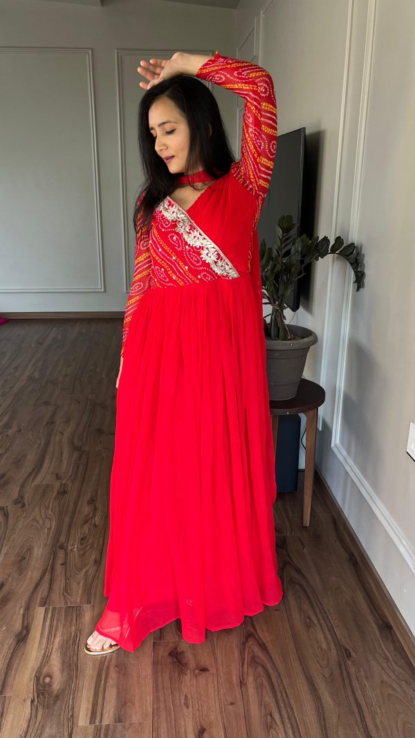Red Bandhej Fox Georgette Sequence Embroidery Work Anarkali Gown - Image 3