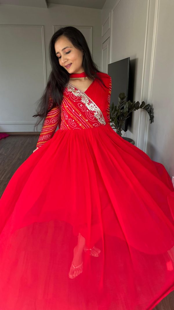 Red Bandhej Fox Georgette Sequence Embroidery Work Anarkali Gown - Image 4