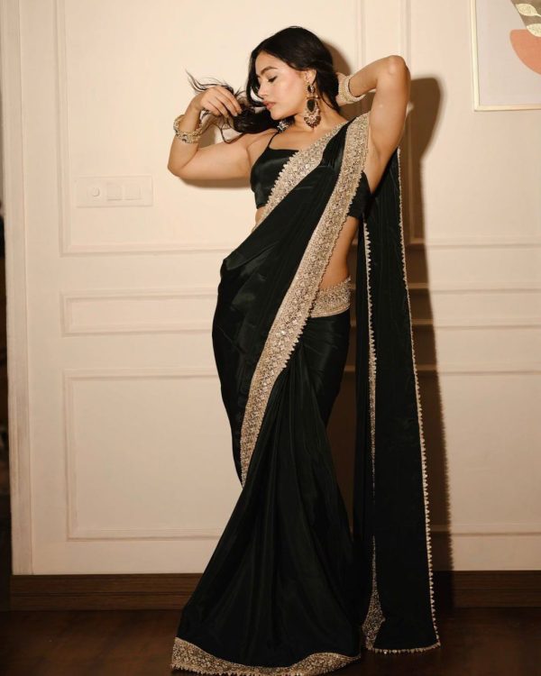 Black VI Chitra Silk Embroidery Sequence Lace Border Saree