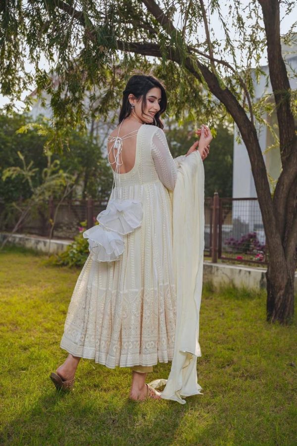 Cream Fox Georgette Embroidery Sequence Anarkali Gown - Image 2