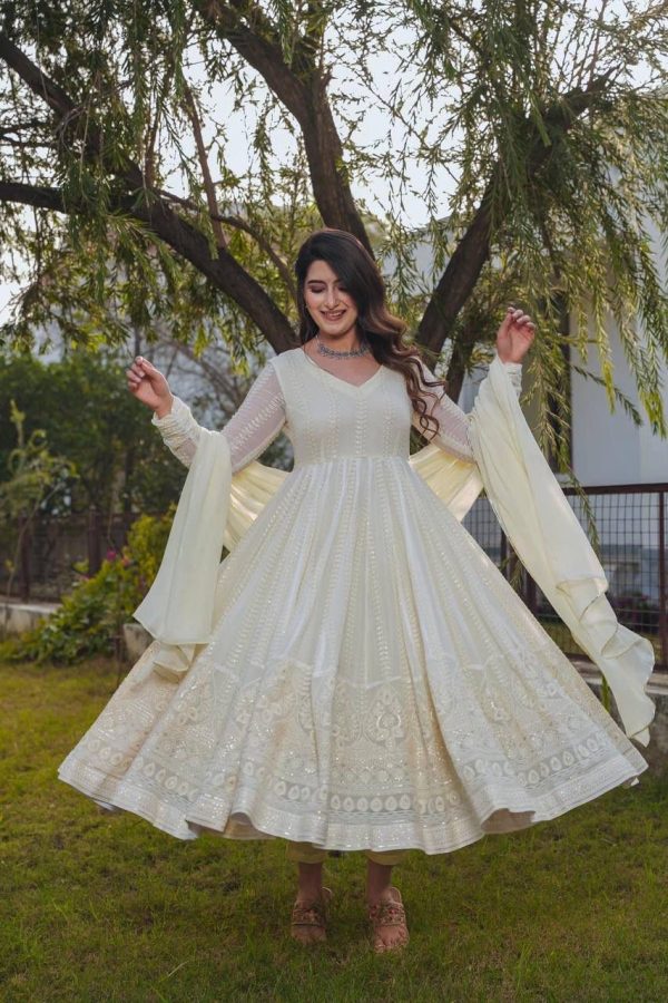 Cream Fox Georgette Embroidery Sequence Anarkali Gown - Image 5