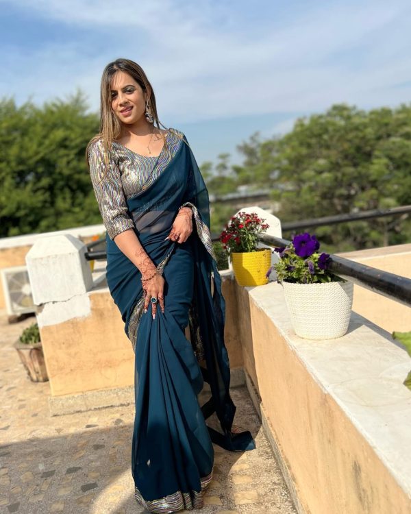 Peacock Blue Georgette Sequence Work Lace With Peiping Saree - Image 5