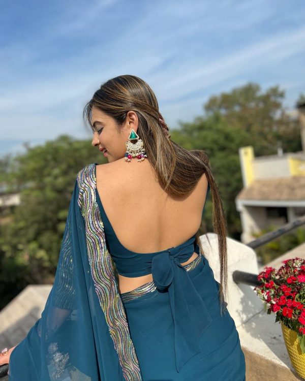 Peacock Blue Georgette Sequence Work Lace With Peiping Saree - Image 6