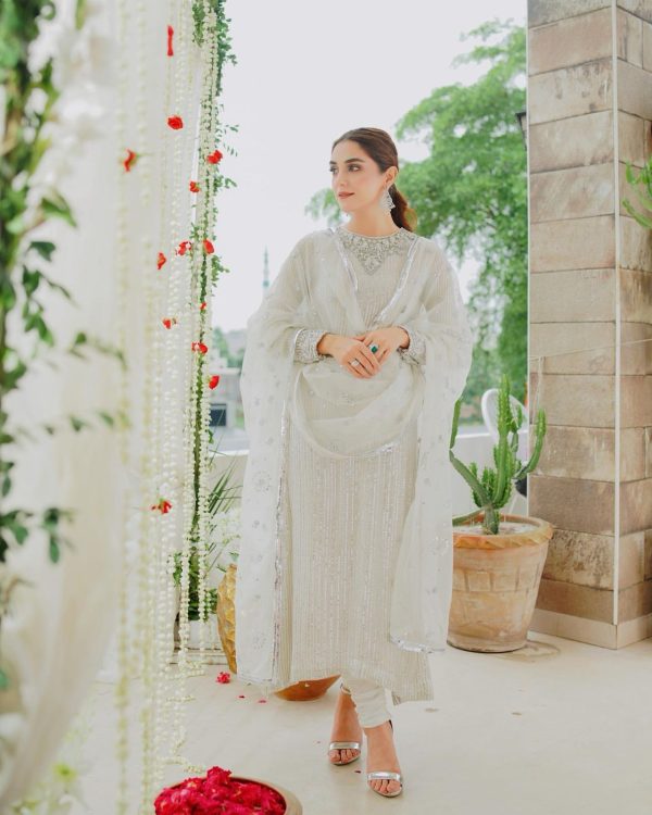 White Faux Georgette Embroidery Sequence Work Salwar Suit