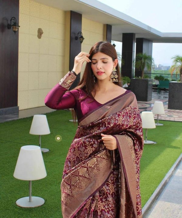 Wine Soft Silk Jacquard Saree - Image 4