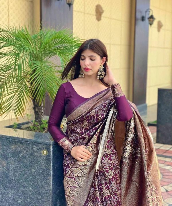 Wine Soft Silk Jacquard Saree - Image 5