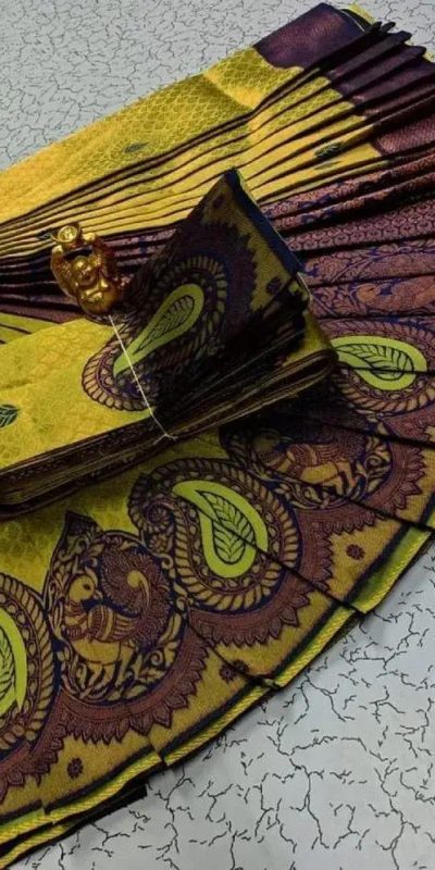 Wonderful Yellow Color Soft Litchi Silk contrast border weaving design Saree