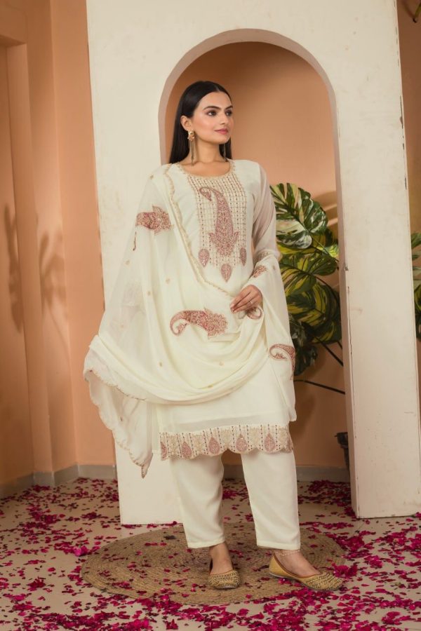 Cream Fox Georgette Embroidery Thread Sequence Salwar Suit - Image 2