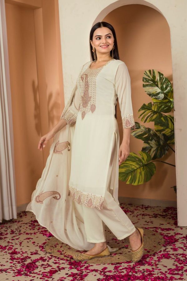 Cream Fox Georgette Embroidery Thread Sequence Salwar Suit - Image 3