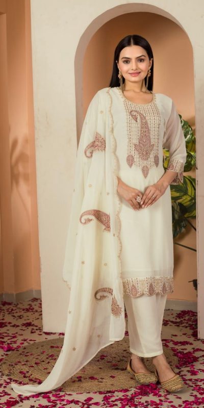lovey Cream Color Fox georgette Embroidery Thread Sequence Salwar Suit