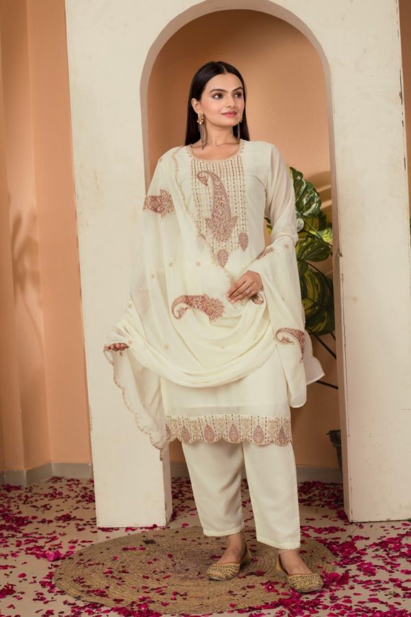 Cream Fox Georgette Embroidery Thread Sequence Salwar Suit - Image 5