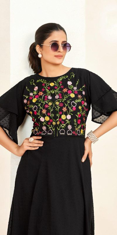 Aglow Black Color Georgette Butti Embroidery Thread Work Gown