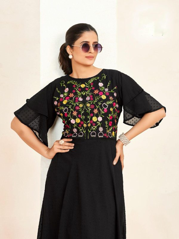 Aglow Black Color Georgette Butti Embroidery Thread Work Gown