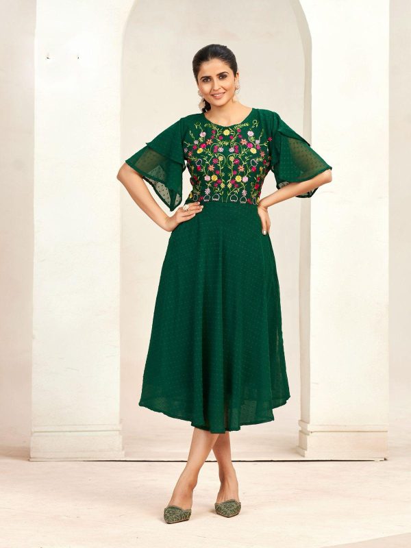 Aglow Green Color Georgette Butti Embroidery Thread Work Gown
