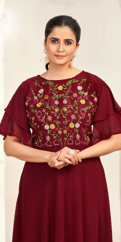 Aglow Maroon Color Georgette Butti Embroidery Thread Work Gown