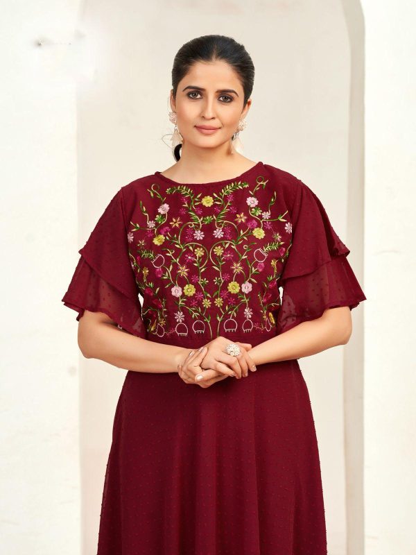 Aglow Maroon Color Georgette Butti Embroidery Thread Work Gown