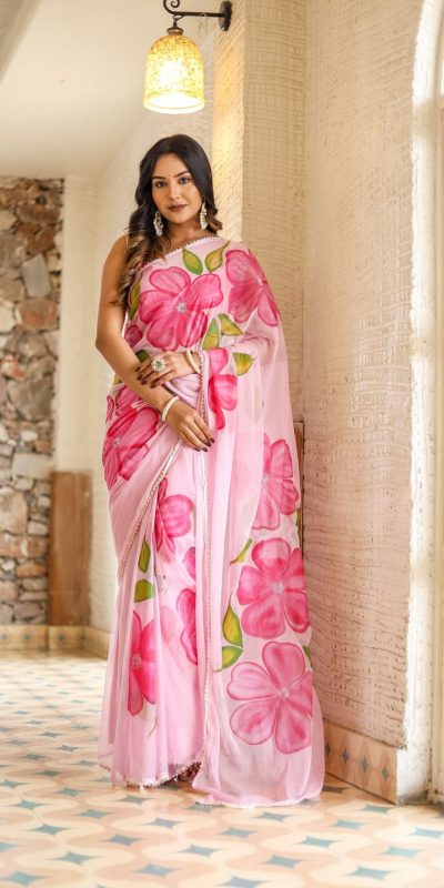 Aglow Pink Color Pure Soft Georgette Silk All Over Saree