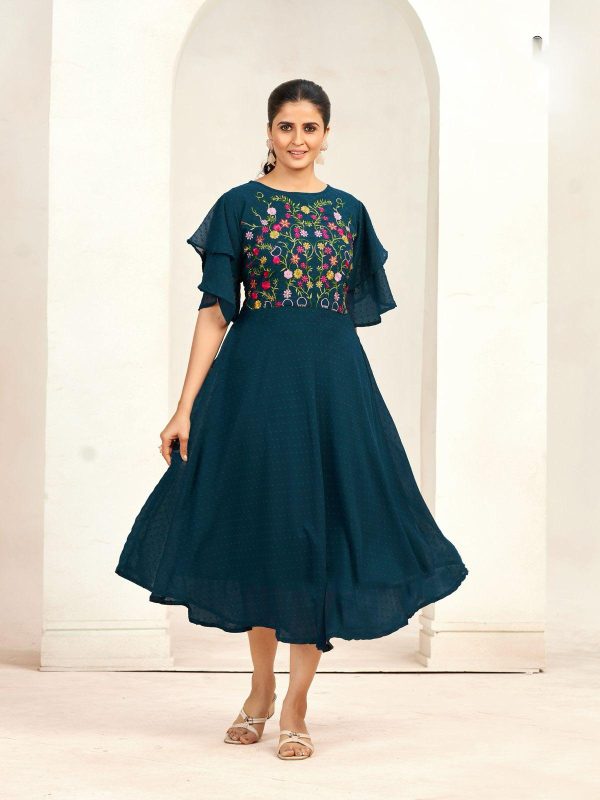 Aglow Rama Blue Color Georgette Butti Embroidery Thread Work Gown