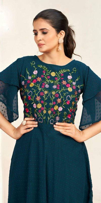 Aglow Rama Blue Color Georgette Butti Embroidery Thread Work Gown