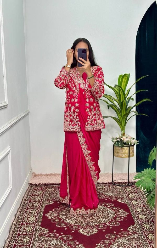 Red Chinon Work On Koti With Lace Border Saree - Image 3