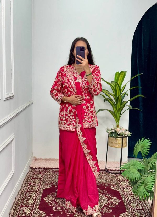 Red Chinon Work On Koti With Lace Border Saree - Image 4