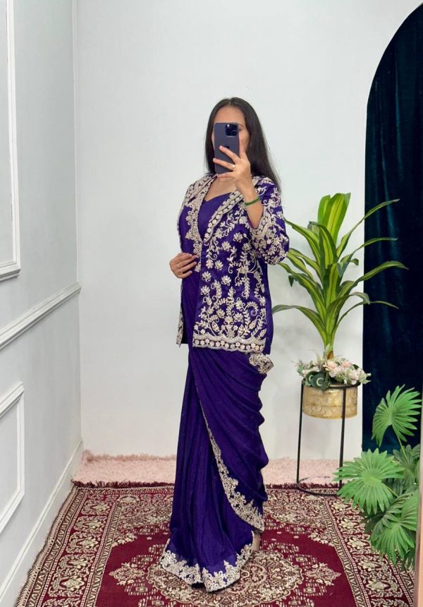 Royal Blue Chinon Work On Koti With Lace Border Saree - Image 2