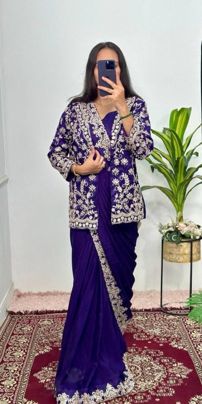 Aglow Royal blue Color Chinon Work On Koti With Lace Border Saree