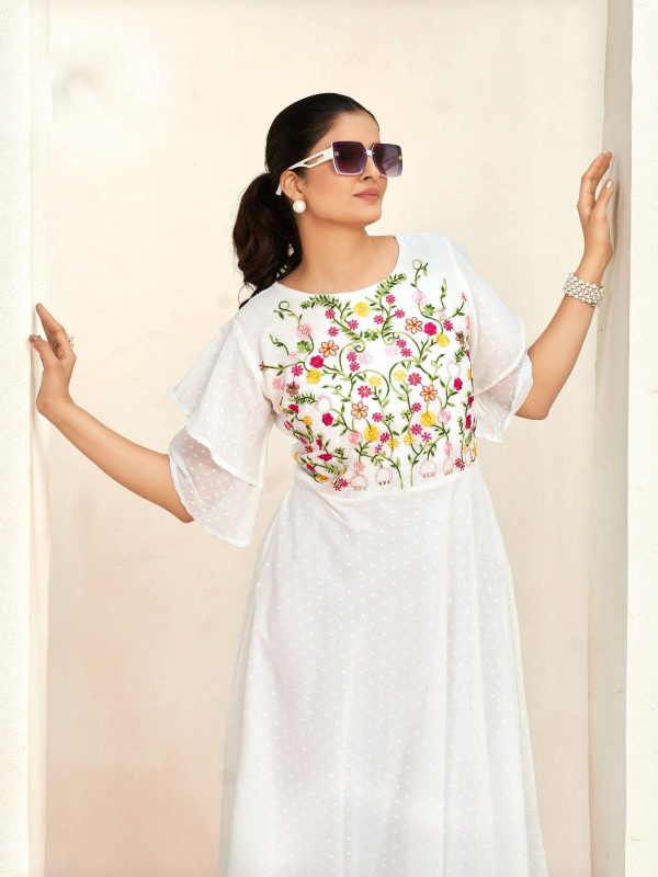 Aglow White Color Georgette Butti Embroidery Thread Work Gown
