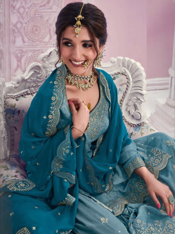 Amazing Blue Color Chinon Multi Coding Work Salwar Suit