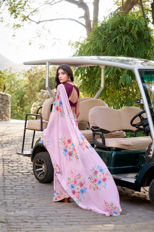 Light Pink Weightless Marble Floral Printed Saree - Image 3