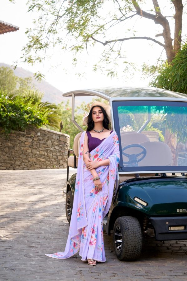 Light Purple Weightless Marble Floral Printed Saree - Image 2