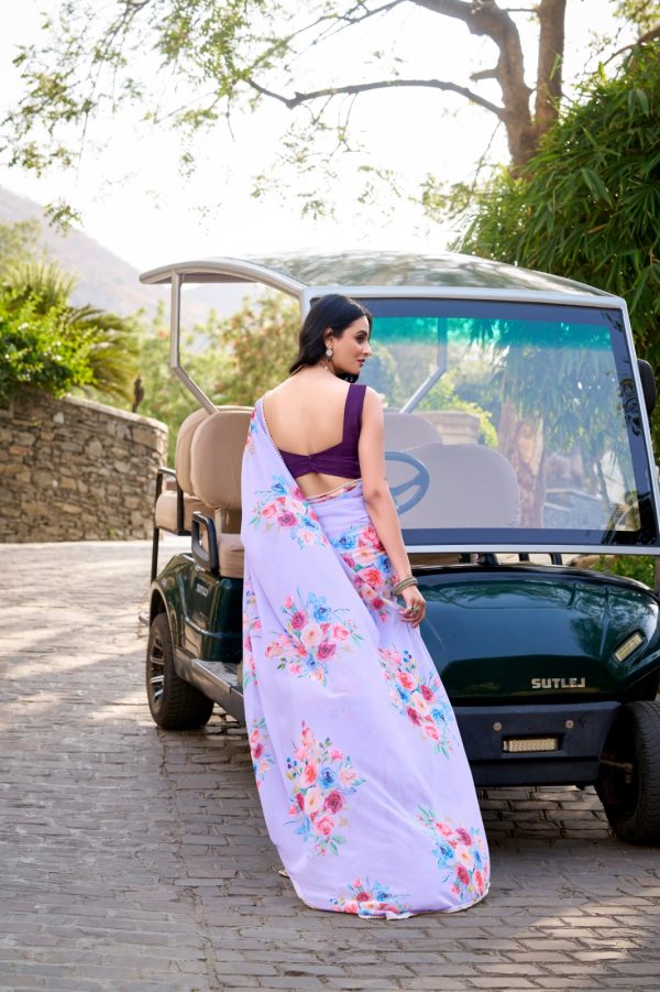 Light Purple Weightless Marble Floral Printed Saree - Image 3