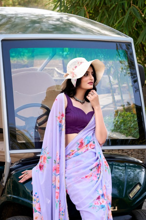 Light Purple Weightless Marble Floral Printed Saree - Image 4