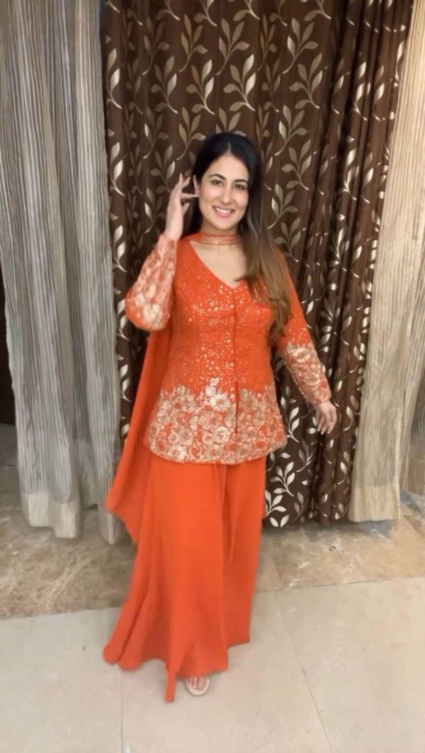 Orange Georgette Sequence Embroidery Work Salwar Suit - Image 4