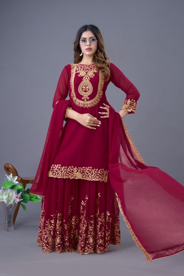 Red Faux Georgette Embroidery Sequence Work Salwar Suit - Image 2