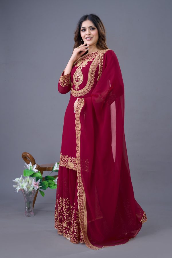 Red Faux Georgette Embroidery Sequence Work Salwar Suit - Image 3