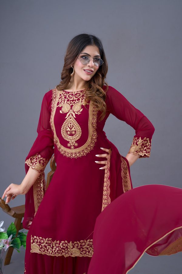 Red Faux Georgette Embroidery Sequence Work Salwar Suit - Image 5
