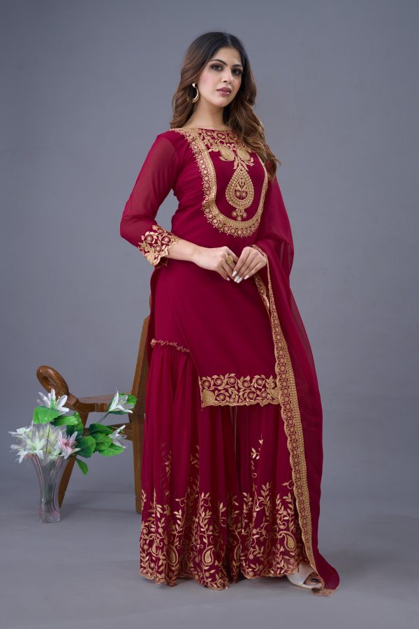 Red Faux Georgette Embroidery Sequence Work Salwar Suit - Image 6