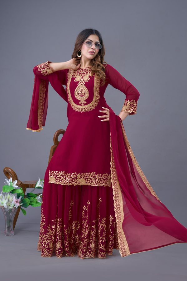 Red Faux Georgette Embroidery Sequence Work Salwar Suit - Image 7