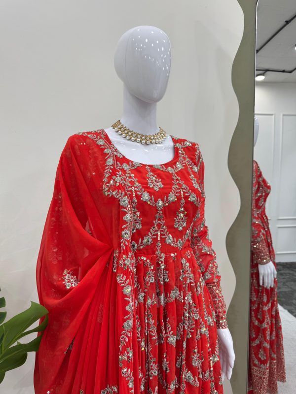 Red Georgette Thread Sequence Work Salwar Suit - Image 2