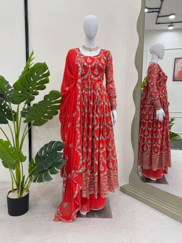 Red Georgette Thread Sequence Work Salwar Suit - Image 3