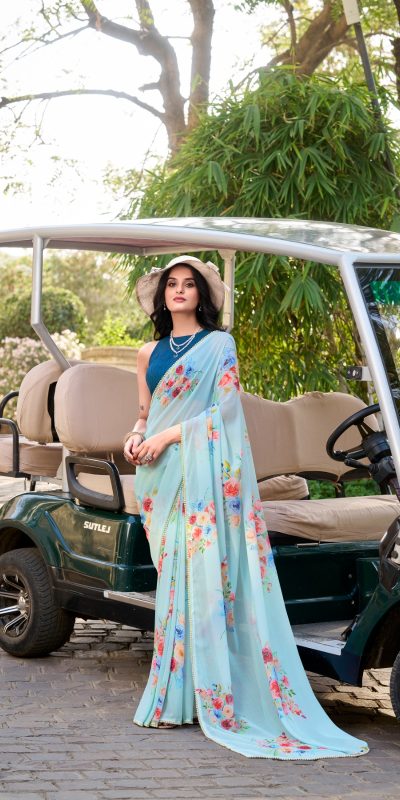 Amazing Sky blue Color Weightless Marble Floral Printed Saree