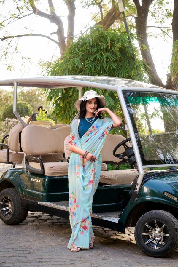 Sky Blue Weightless Marble Floral Printed Saree - Image 2