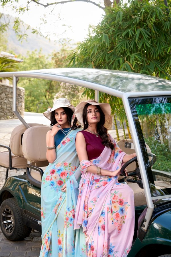 Sky Blue Weightless Marble Floral Printed Saree - Image 4