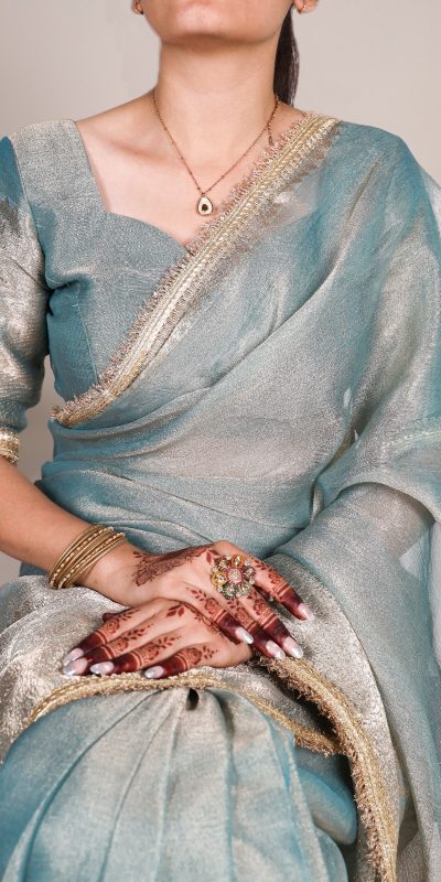 Attractive Blue Color Tissue Shimmer Zari Weaving Work Saree