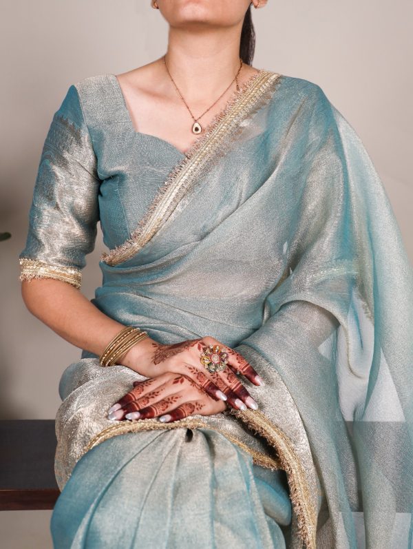 Attractive Blue Color Tissue Shimmer Zari Weaving Work Saree