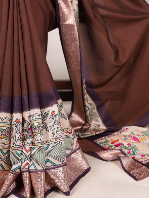 Coffee Tussar Silk With Viscose Border Printed Saree - Image 3