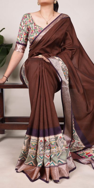 Attractive Coffee Color Tussar Silk With Viscose Border Printed Saree
