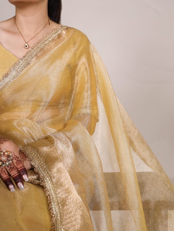 Gold Tissue Shimmer Zari Weaving Work Saree - Image 2