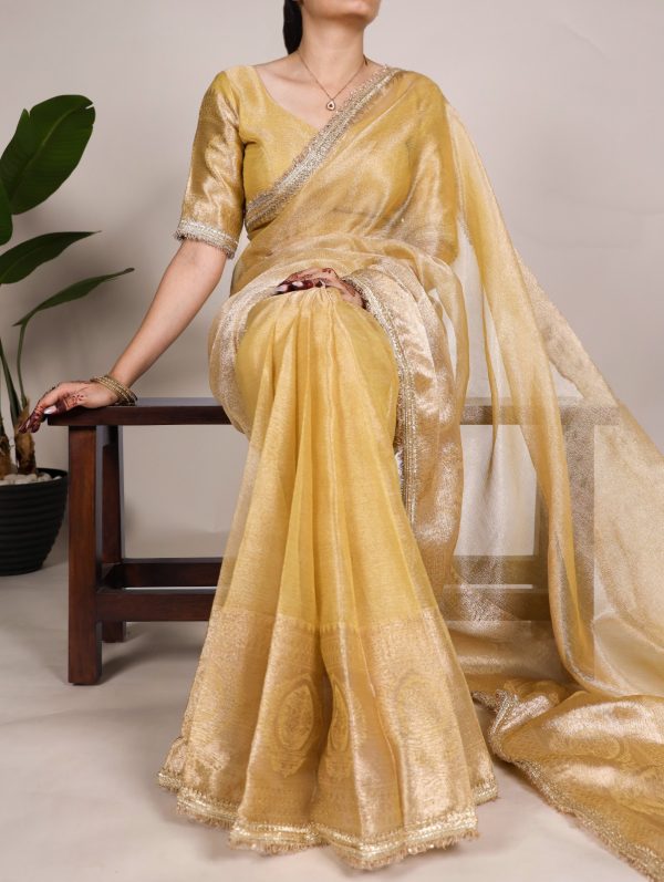Gold Tissue Shimmer Zari Weaving Work Saree - Image 3